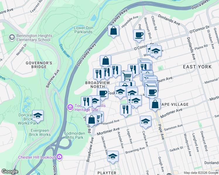 map of restaurants, bars, coffee shops, grocery stores, and more near 1175 Broadview Avenue in Toronto