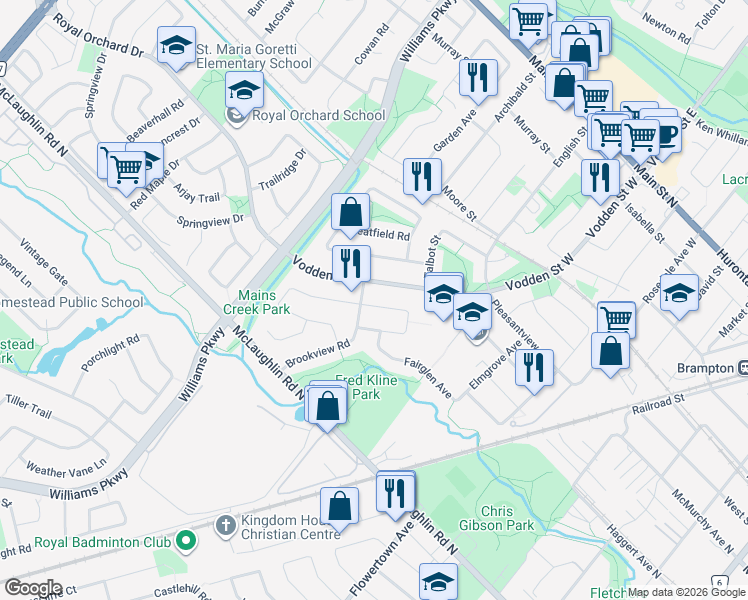 map of restaurants, bars, coffee shops, grocery stores, and more near 8 Deerpark Crescent in Brampton