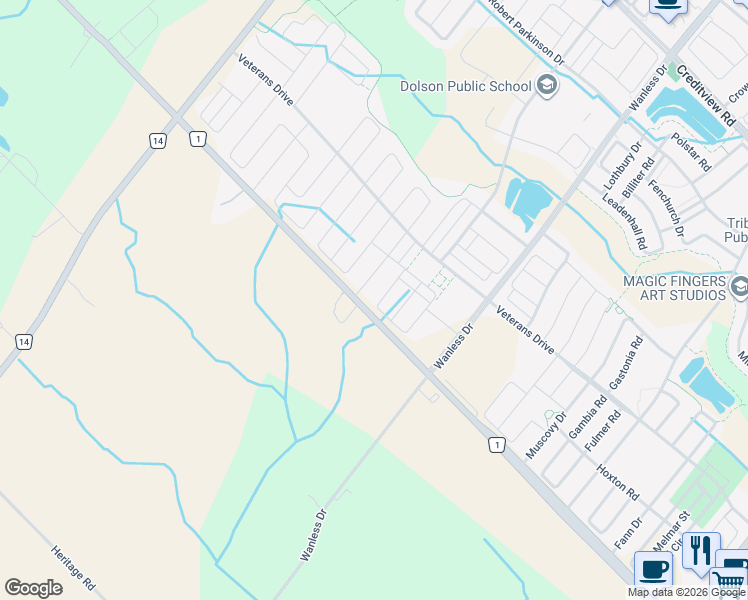 map of restaurants, bars, coffee shops, grocery stores, and more near 116 Finegan Circle in Brampton