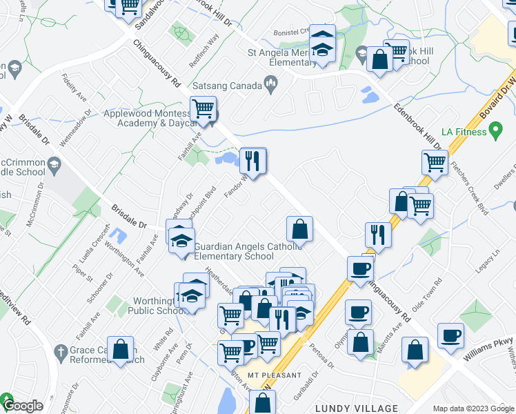 map of restaurants, bars, coffee shops, grocery stores, and more near 68 Mistdale Crescent in Brampton