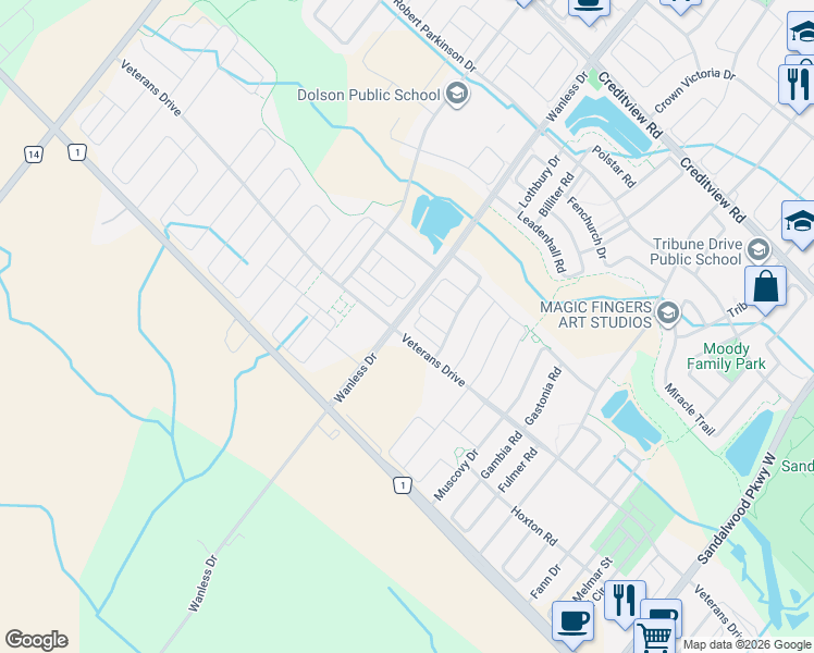 map of restaurants, bars, coffee shops, grocery stores, and more near 357 Veterans Drive in Brampton