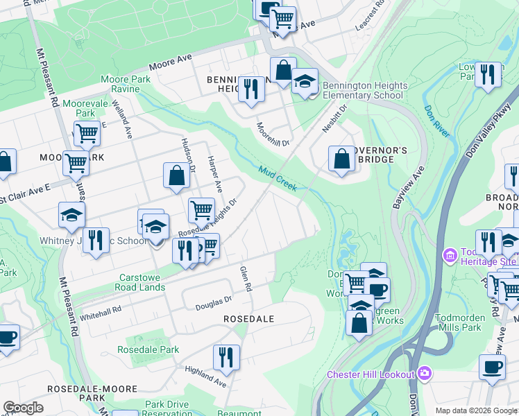 map of restaurants, bars, coffee shops, grocery stores, and more near 340 Glen Road in Toronto