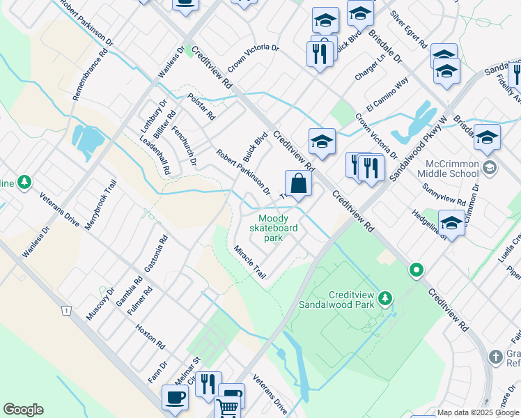 map of restaurants, bars, coffee shops, grocery stores, and more near Giltspur Road in Brampton