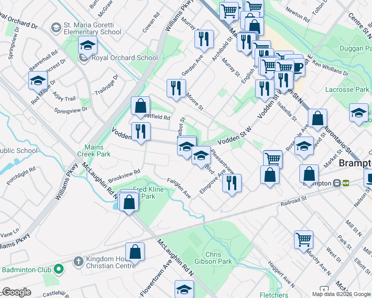 map of restaurants, bars, coffee shops, grocery stores, and more near 175 Vodden Street West in Brampton