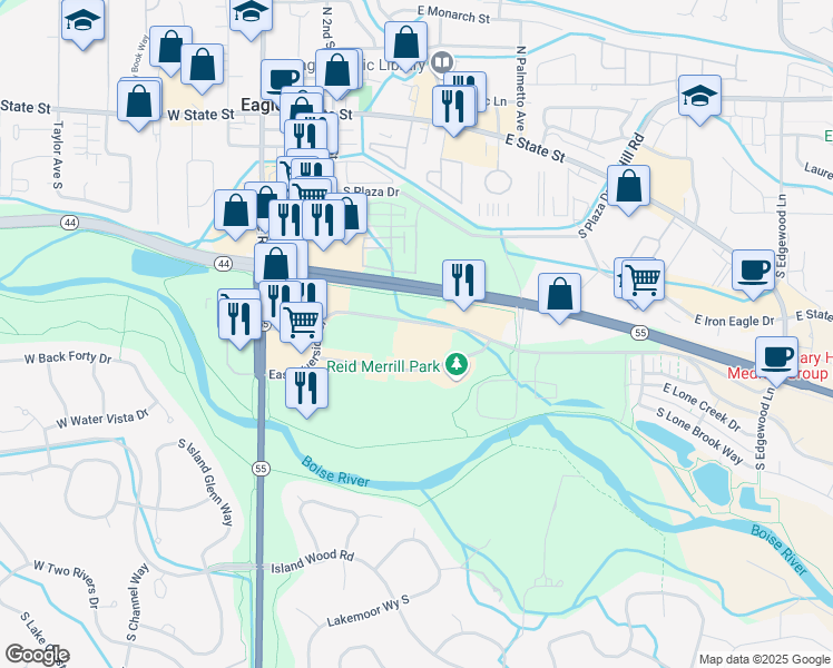 map of restaurants, bars, coffee shops, grocery stores, and more near 485 East Riverside Drive in Eagle