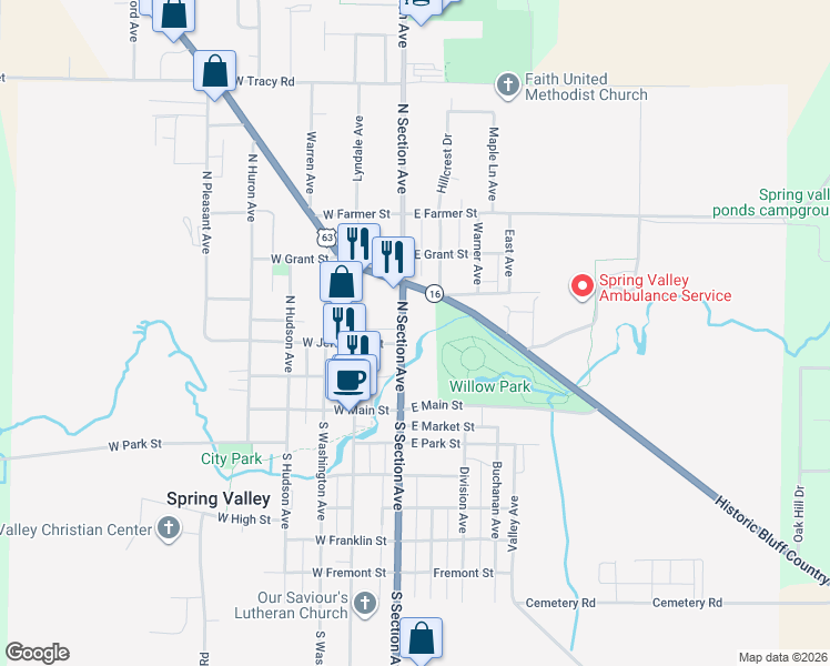 map of restaurants, bars, coffee shops, grocery stores, and more near 115 North Section Avenue in Spring Valley
