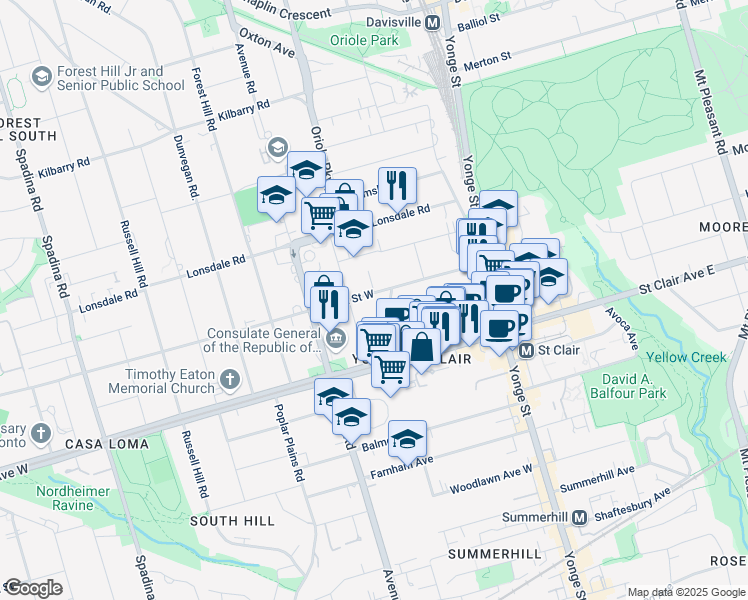 map of restaurants, bars, coffee shops, grocery stores, and more near 101 Heath Street West in Toronto