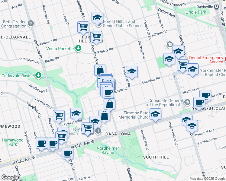 map of restaurants, bars, coffee shops, grocery stores, and more near 316 Lonsdale Road in Toronto