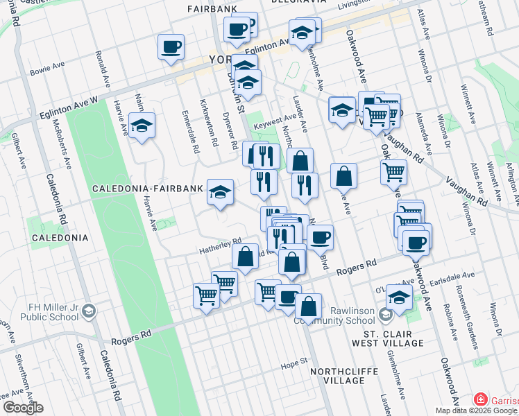 map of restaurants, bars, coffee shops, grocery stores, and more near in Toronto