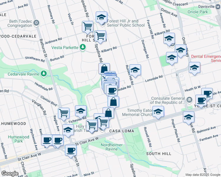 map of restaurants, bars, coffee shops, grocery stores, and more near 429 Spadina Road in Toronto