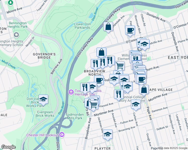 map of restaurants, bars, coffee shops, grocery stores, and more near 66 Hillside Drive in Toronto