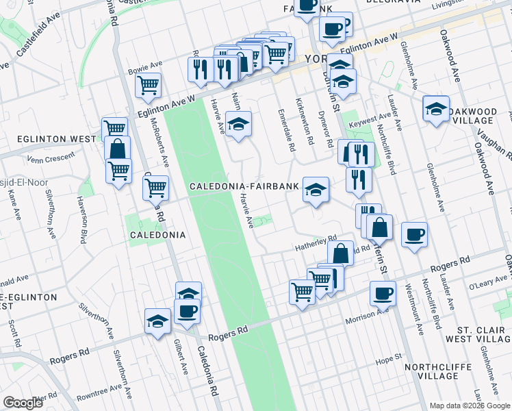 map of restaurants, bars, coffee shops, grocery stores, and more near in Toronto
