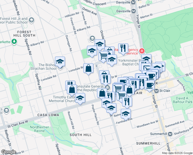 map of restaurants, bars, coffee shops, grocery stores, and more near 150 Heath Street West in Toronto