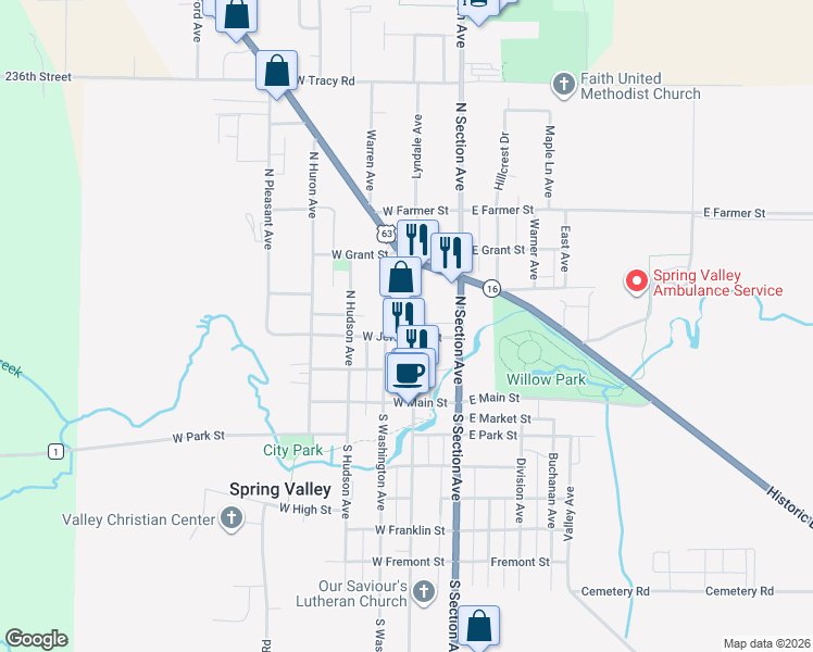 map of restaurants, bars, coffee shops, grocery stores, and more near 208 North Broadway Avenue in Spring Valley