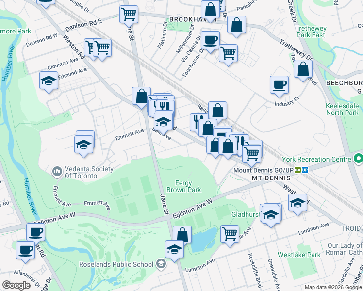 map of restaurants, bars, coffee shops, grocery stores, and more near Bartonville Avenue West in Toronto