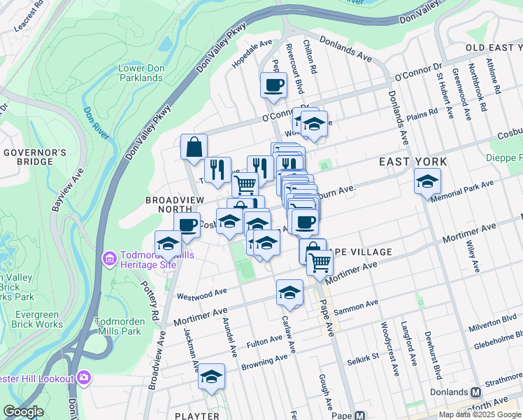 map of restaurants, bars, coffee shops, grocery stores, and more near in Toronto