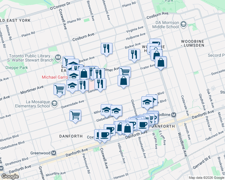 map of restaurants, bars, coffee shops, grocery stores, and more near 228 Queensdale Avenue in Toronto