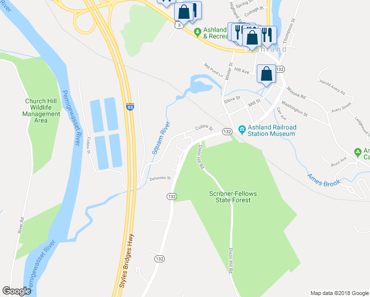 map of restaurants, bars, coffee shops, grocery stores, and more near 72 Depot Street in Ashland