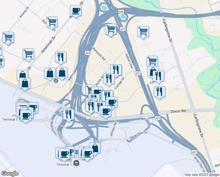 map of restaurants, bars, coffee shops, grocery stores, and more near 3279 Caroga Drive in Mississauga