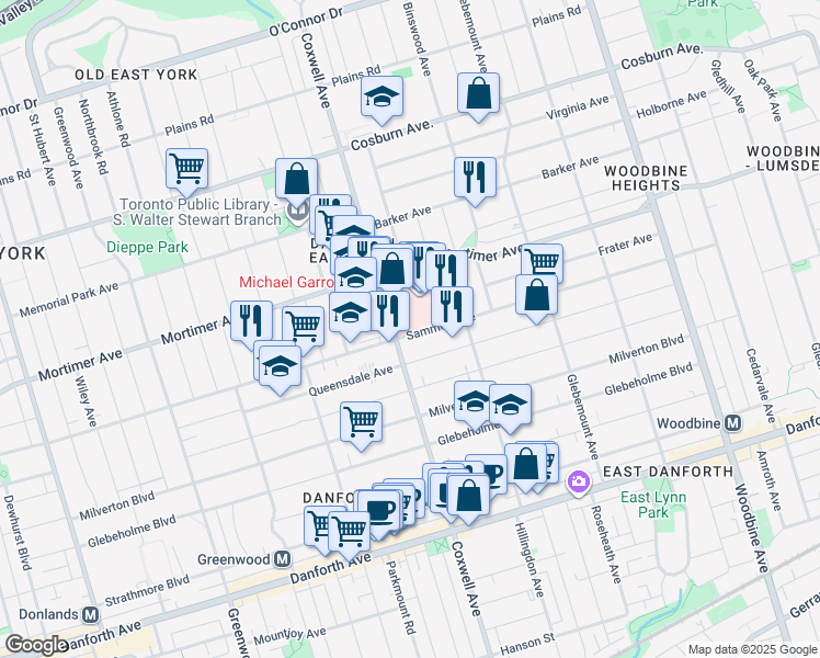 map of restaurants, bars, coffee shops, grocery stores, and more near 825 Coxwell Avenue in Toronto