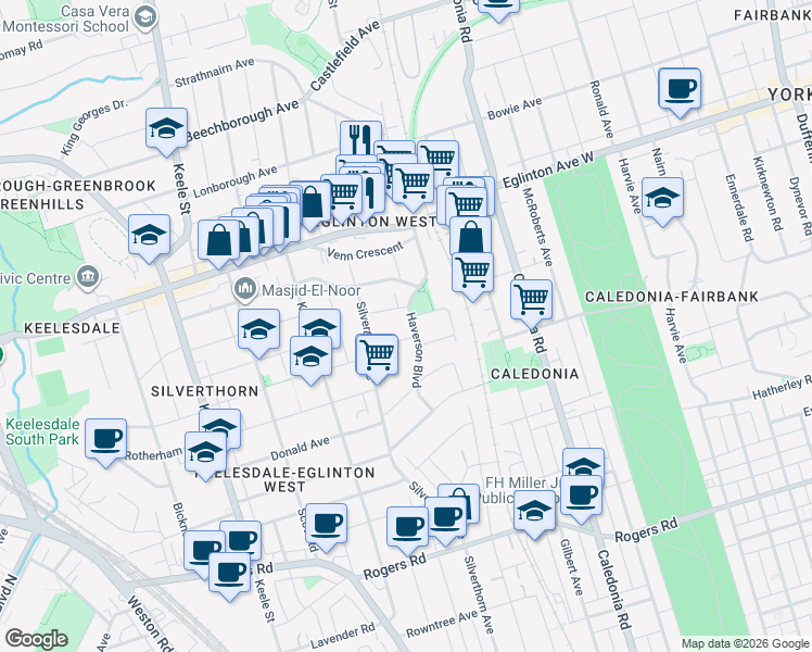 map of restaurants, bars, coffee shops, grocery stores, and more near 76 Haverson Boulevard in Toronto