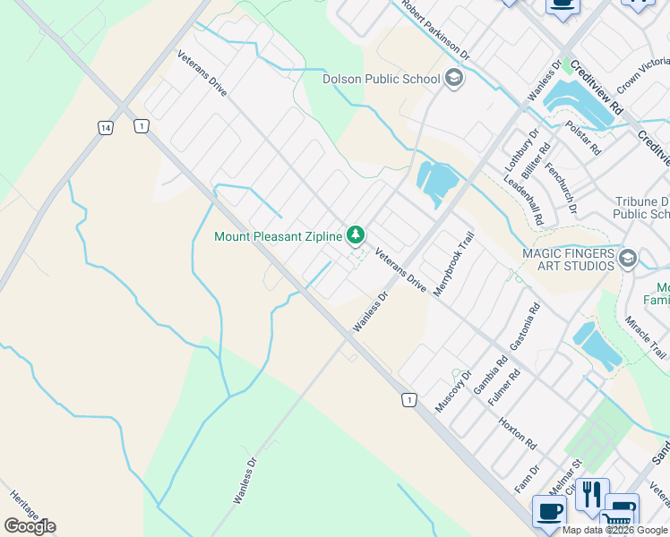 map of restaurants, bars, coffee shops, grocery stores, and more near 24 Dale Meadows Rd in Brampton