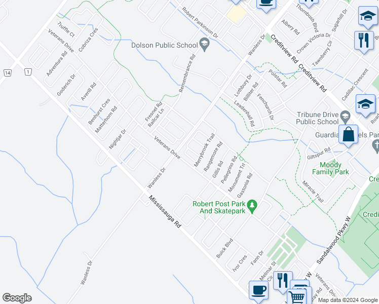 map of restaurants, bars, coffee shops, grocery stores, and more near 22 Military Crescent in Brampton