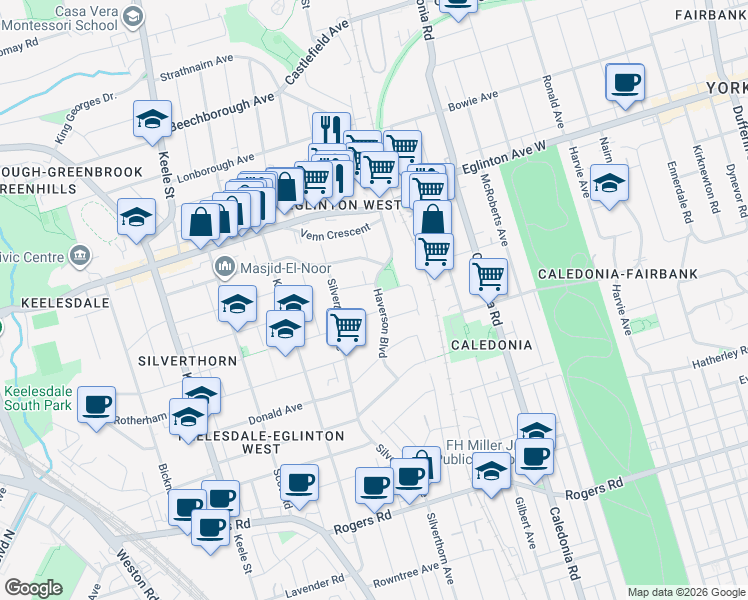 map of restaurants, bars, coffee shops, grocery stores, and more near 76 Haverson Boulevard in Toronto