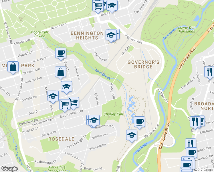 map of restaurants, bars, coffee shops, grocery stores, and more near in Toronto