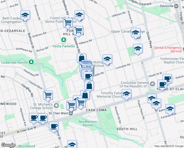 map of restaurants, bars, coffee shops, grocery stores, and more near 314 Lonsdale Road in Toronto