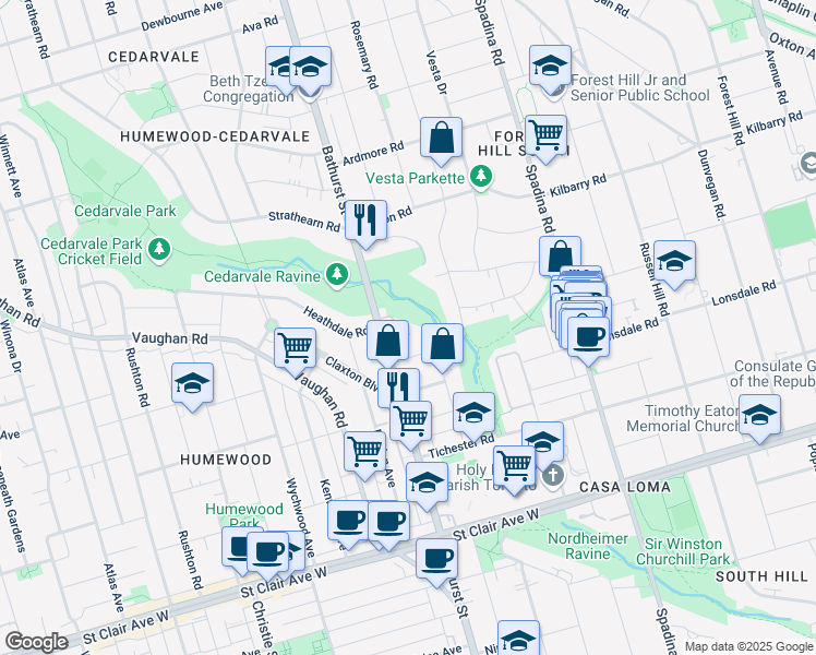map of restaurants, bars, coffee shops, grocery stores, and more near in Toronto