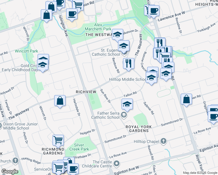 map of restaurants, bars, coffee shops, grocery stores, and more near 18 Spencely Court in Toronto