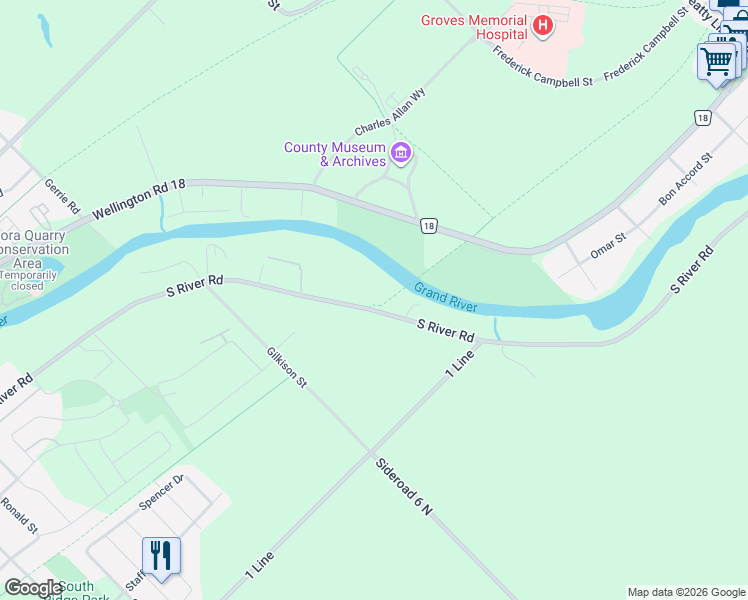 map of restaurants, bars, coffee shops, grocery stores, and more near 384 South River Road in Elora