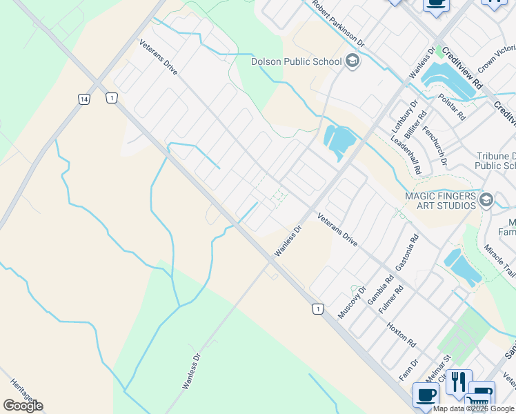 map of restaurants, bars, coffee shops, grocery stores, and more near Dale Meadows Rd in Brampton