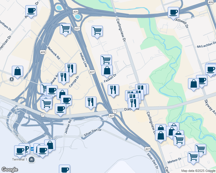 map of restaurants, bars, coffee shops, grocery stores, and more near 31 Fasken Drive in Toronto