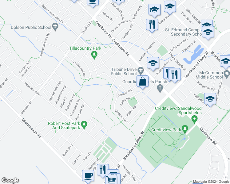 map of restaurants, bars, coffee shops, grocery stores, and more near 118 Miracle Trail in Brampton