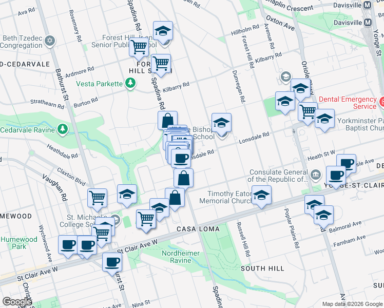 map of restaurants, bars, coffee shops, grocery stores, and more near in Toronto