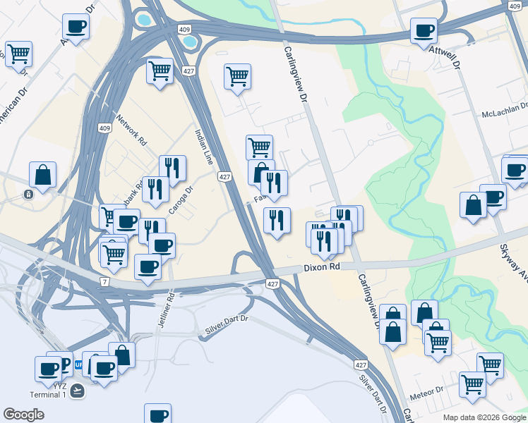 map of restaurants, bars, coffee shops, grocery stores, and more near 31 Fasken Drive in Toronto