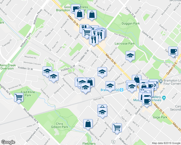 map of restaurants, bars, coffee shops, grocery stores, and more near 109 Mill Street North in Brampton