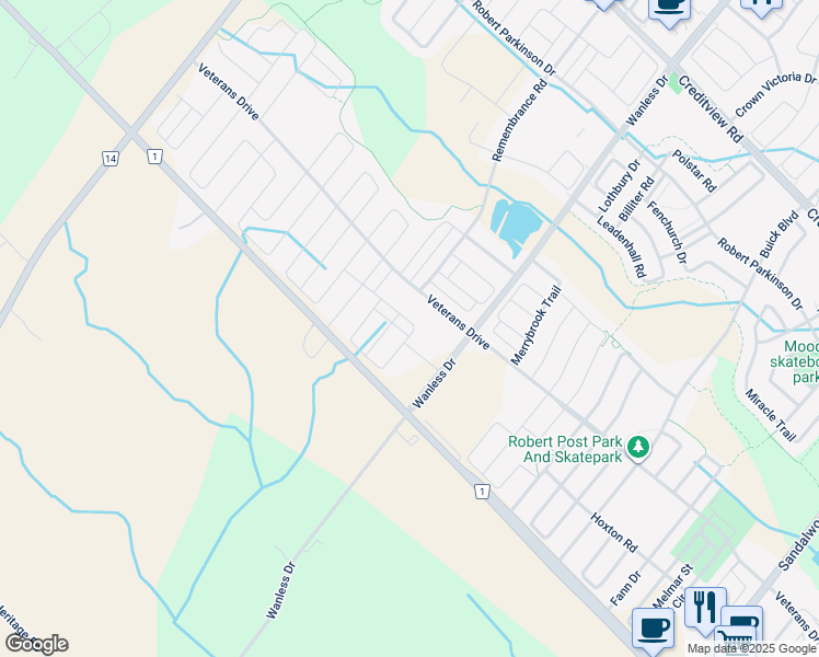 map of restaurants, bars, coffee shops, grocery stores, and more near 43 Finegan Circle in Brampton