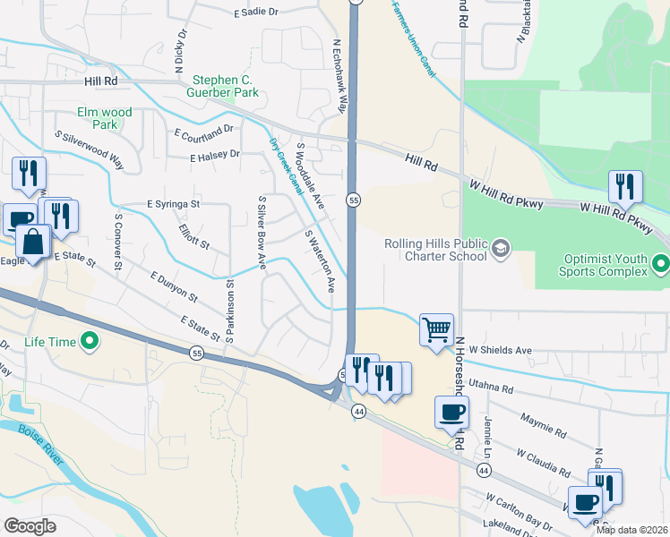 map of restaurants, bars, coffee shops, grocery stores, and more near 2679 East Woodridge Court in Eagle