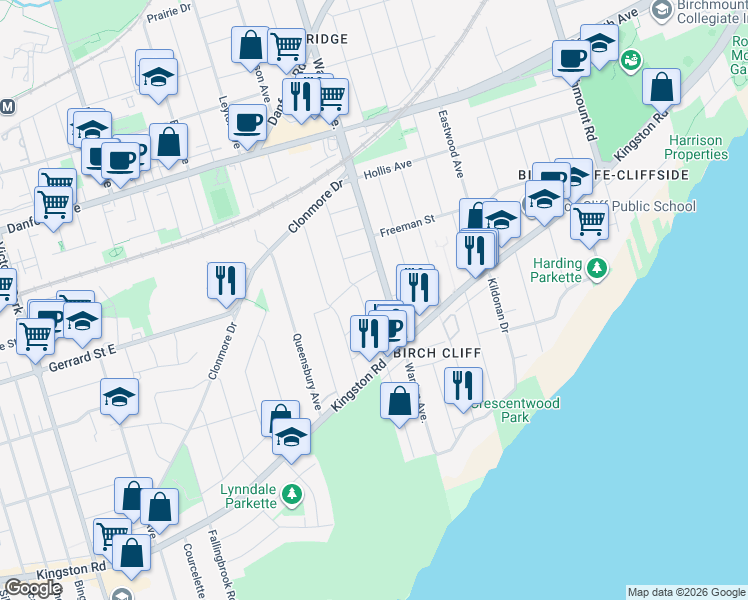 map of restaurants, bars, coffee shops, grocery stores, and more near in Toronto