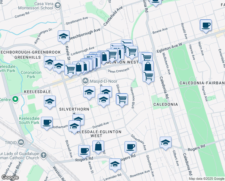 map of restaurants, bars, coffee shops, grocery stores, and more near 25 Lacey Avenue in Toronto