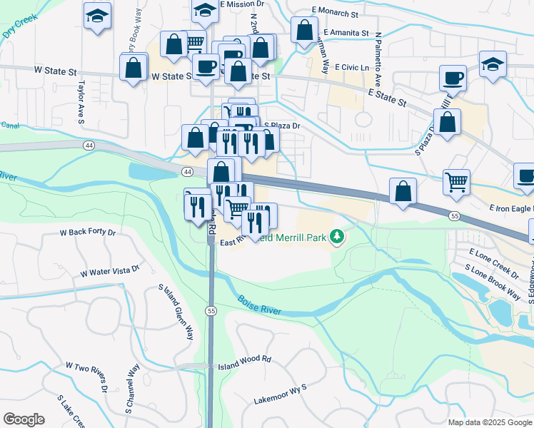 map of restaurants, bars, coffee shops, grocery stores, and more near 323 E Riverside Dr in Eagle