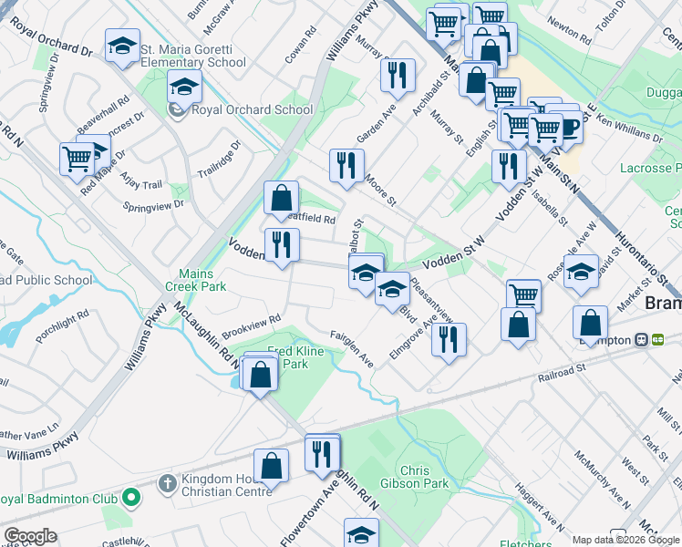 map of restaurants, bars, coffee shops, grocery stores, and more near 189 Vodden Street West in Brampton