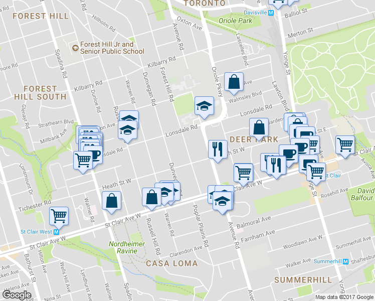 map of restaurants, bars, coffee shops, grocery stores, and more near 73 Forest Hill Rd in Toronto