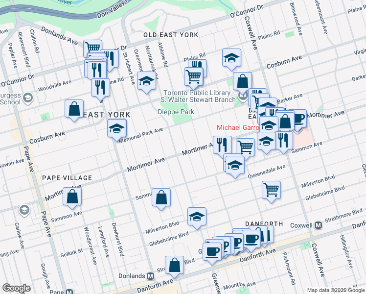 map of restaurants, bars, coffee shops, grocery stores, and more near 40 Leroy Avenue in Toronto
