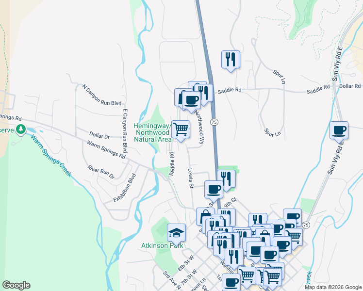 map of restaurants, bars, coffee shops, grocery stores, and more near 401 Lewis Street in Ketchum
