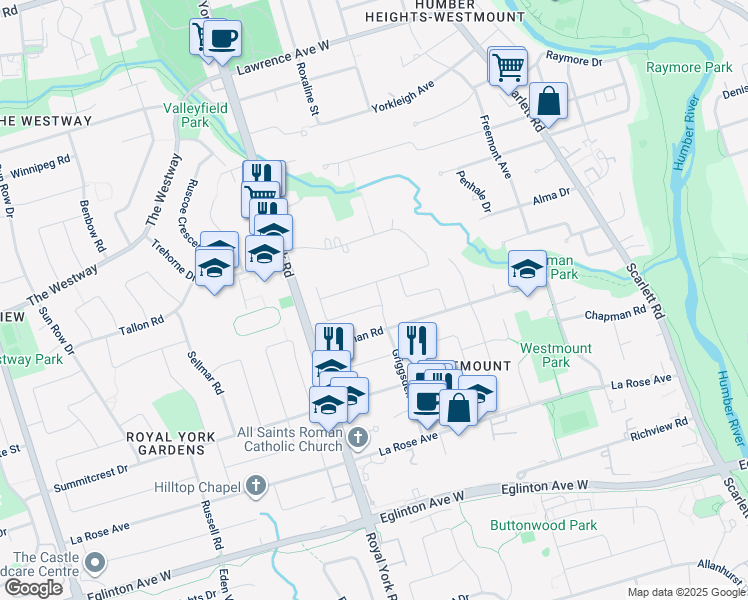map of restaurants, bars, coffee shops, grocery stores, and more near 6 Griggsden Avenue in Toronto