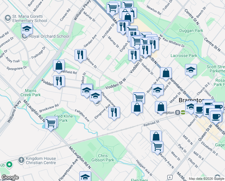 map of restaurants, bars, coffee shops, grocery stores, and more near 103 Nancy McCredie Drive in Brampton
